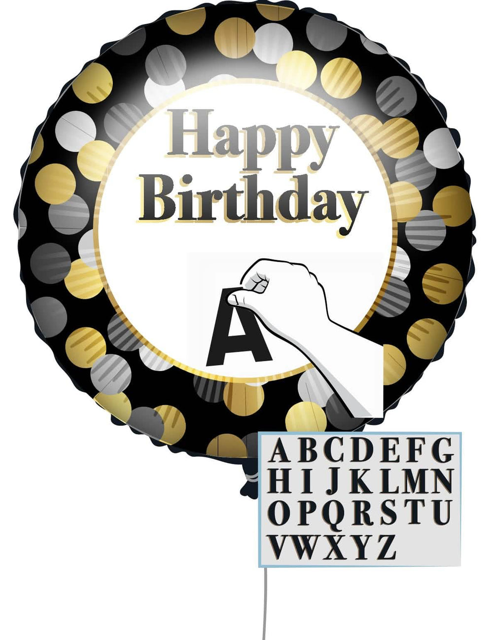 Přizpůsobitelný balon Happy Birthday černá a zlatá s samolepicími písmeny