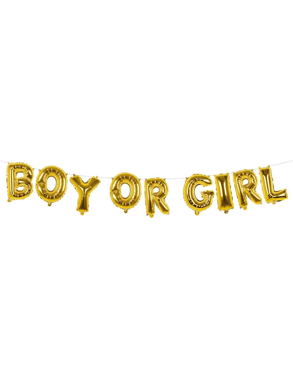Pohled zepředu na balónkovou girlandu z hliníkových písmen boy or girl pro baby shower