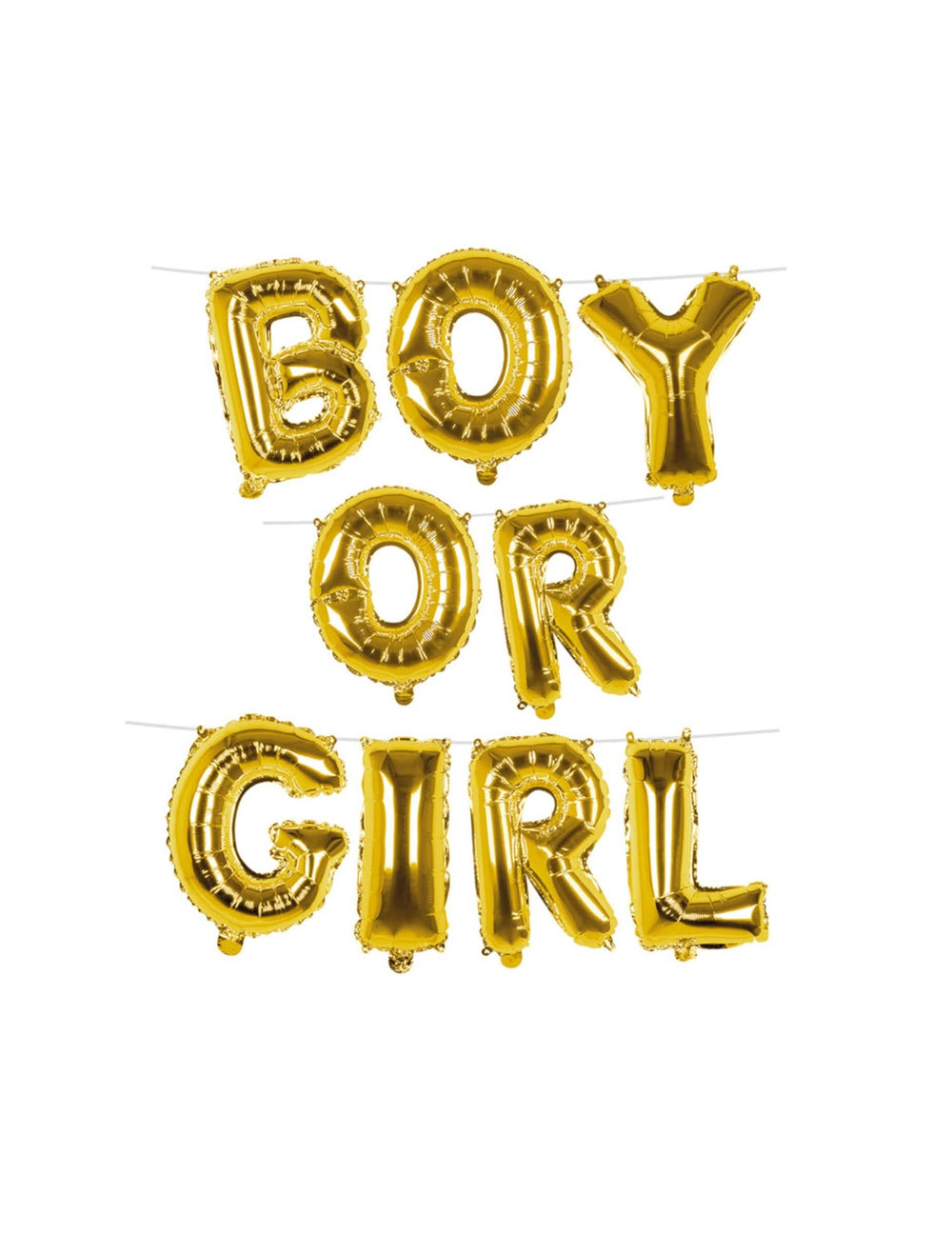 Girlanda z balónků z hliníku s písmeny boy or girl na baby shower zlatá