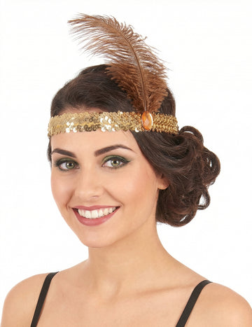 Bandeau Charleston à sequins et plume pour femme doré