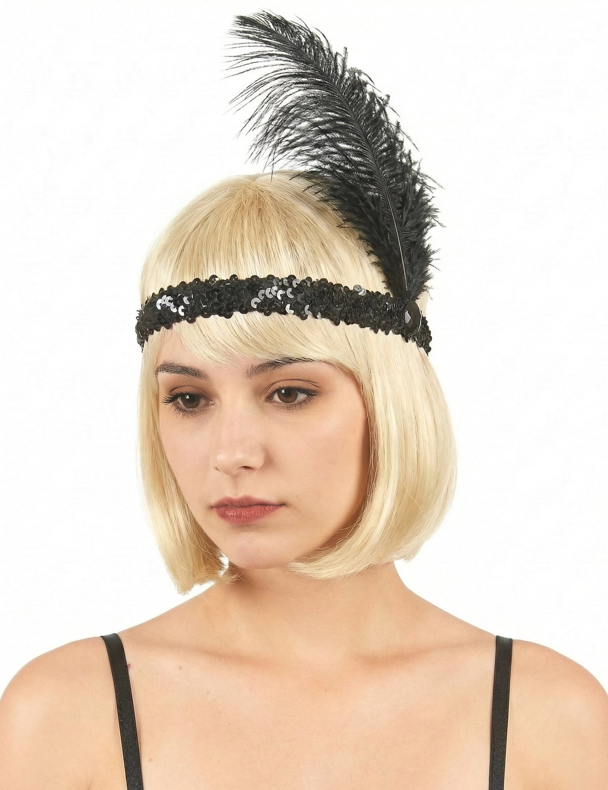 Bandeau Charleston pour femme noir à sequins et plume