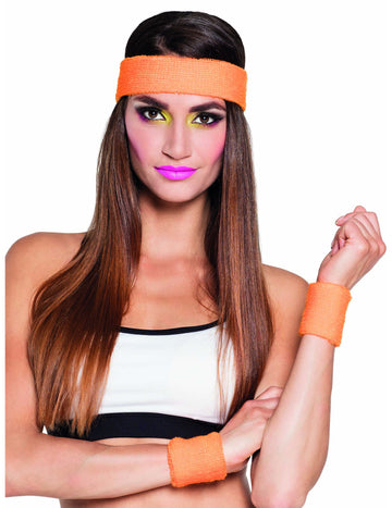 Oranžová čelenka a náramky pro dospělé ve stylu 80. let