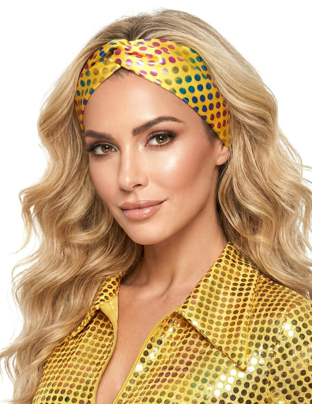 Disco čelenka pro ženu žlutá s vícebarevnými puntíky vysoká kvalita