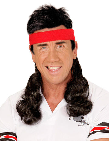 Čelenka s připevněnými vlasy ve stylu mulletu 80. let pro dospělé, černá a červená