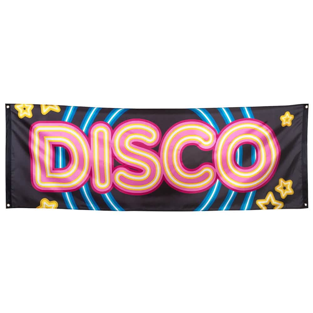 Banner Disco Fever na černou oslavu s růžovým a žlutým nápisem