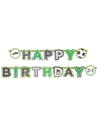 Bannière en papier Happy Birthday Football pour anniversaire verte, noire et blanche