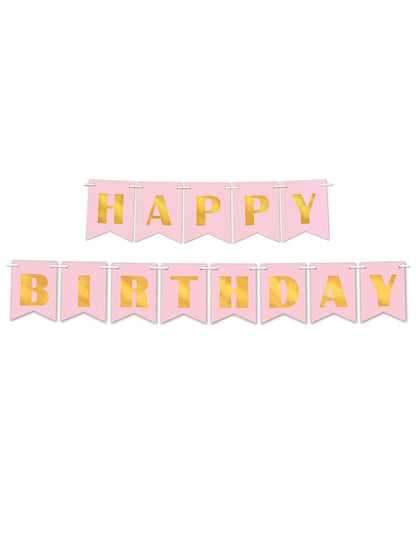 Pudrově růžový a kovový zlatý papírový banner k narozeninám 15 cm x 3 m