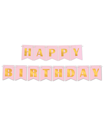 Pudrově růžový a kovový zlatý papírový banner k narozeninám 15 cm x 3 m