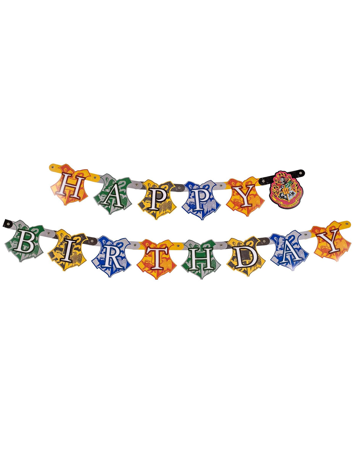 Banner happy birthday Harry Potter k narozeninám vícebarevné s erby kolejí z Bradavic