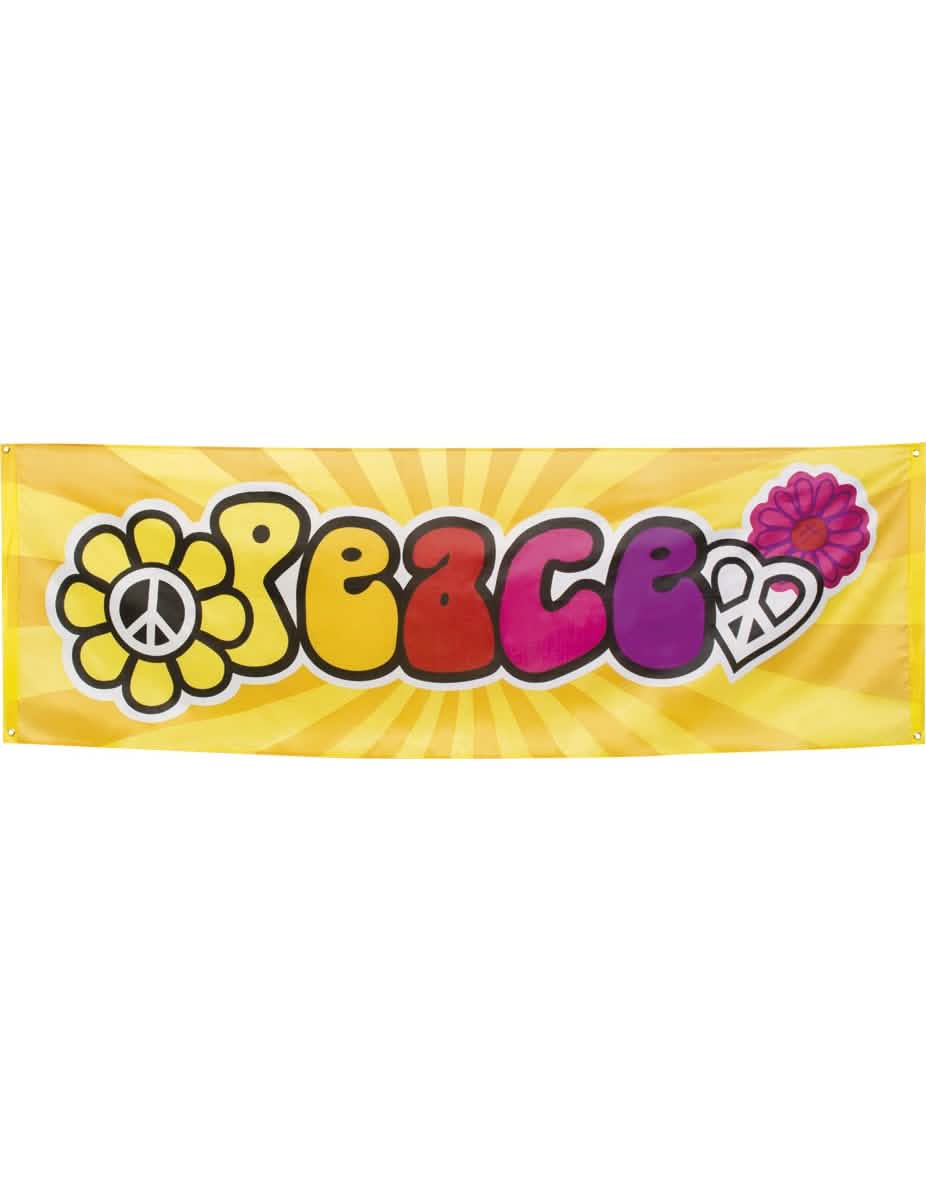 Látkový banner Hippie Flower Power na žlutá párty s nápisem Peace vícebarevné