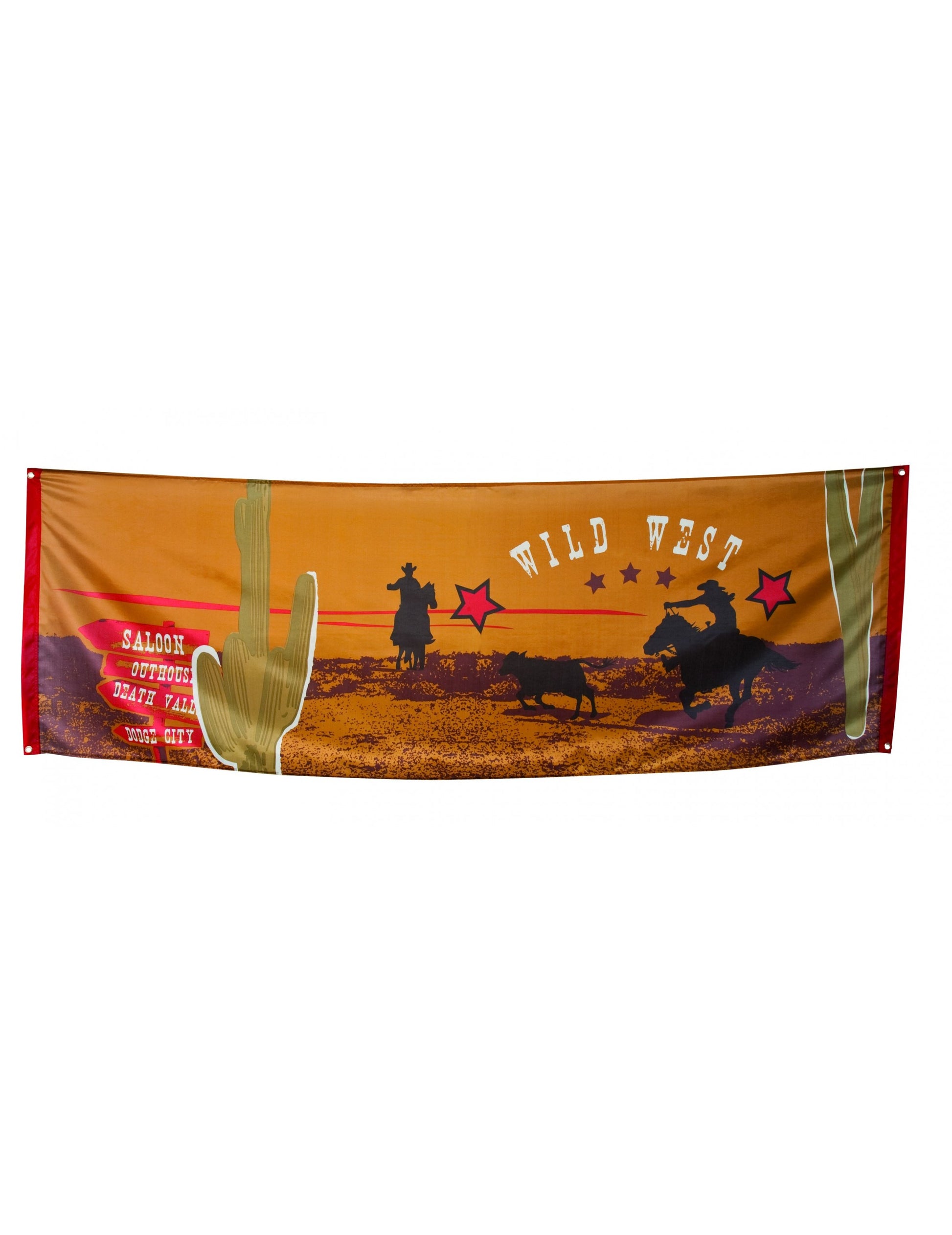 Bannière western pour fête orange et marron avec silhouettes de cowboys et cactus