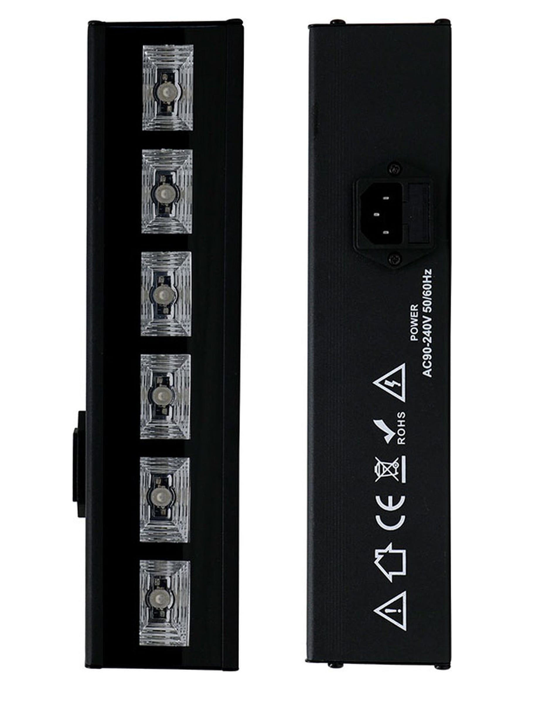 Vue de face et de dos de la barre à leds lumière noire pour fête 6x3W
