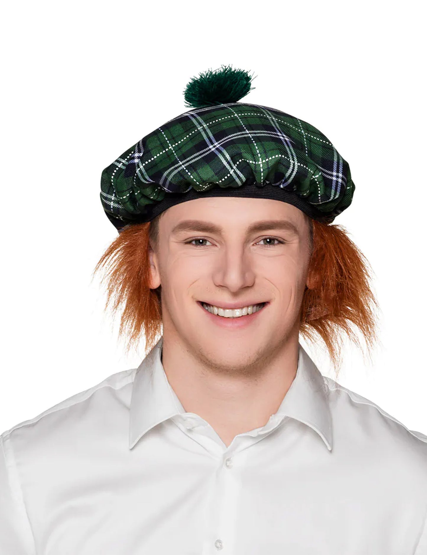 Béret écossais pour adulte vert avec cheveux roux et pompon