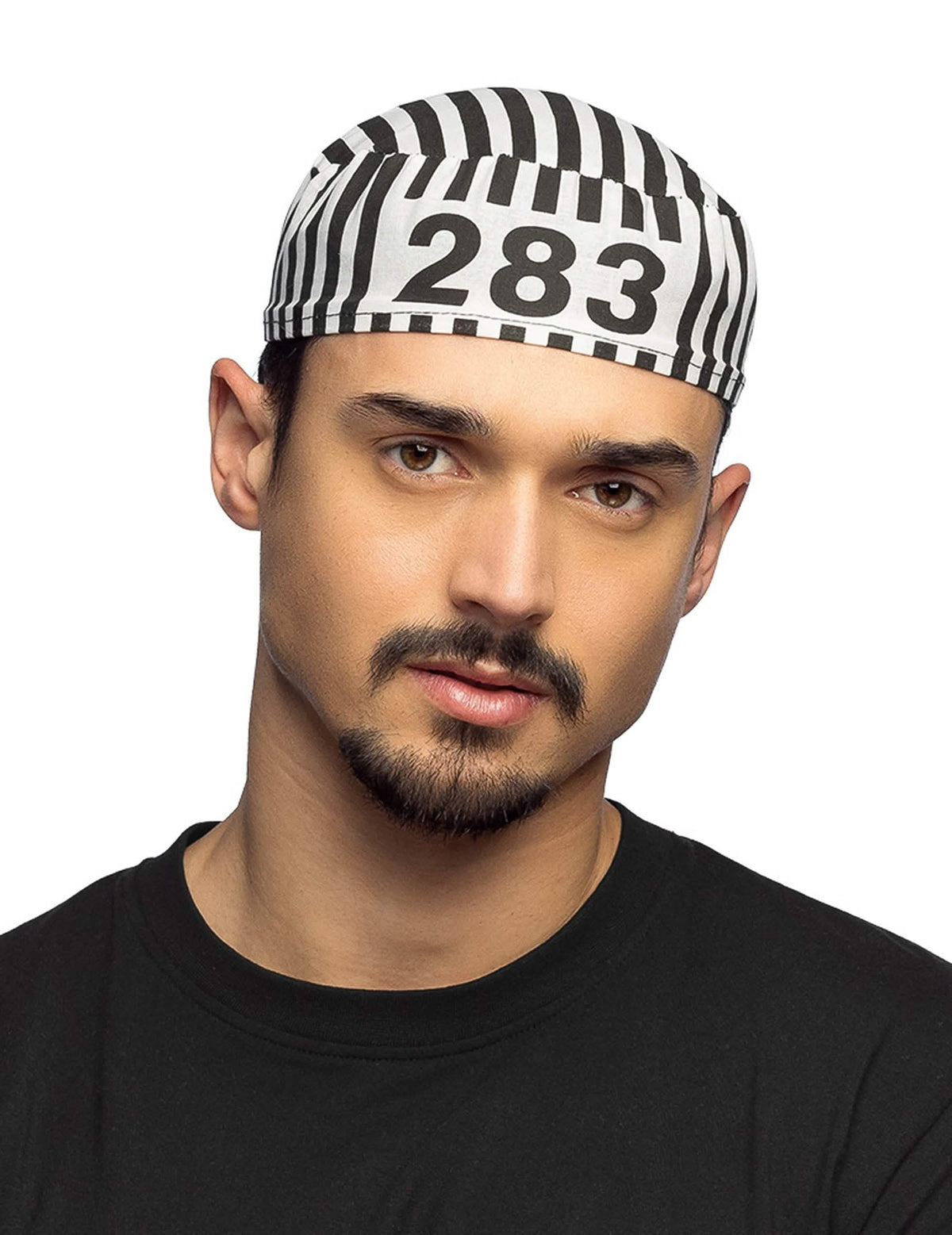 Pruhovaný černá a bílá vězeňský baret pro muž s číslem 283