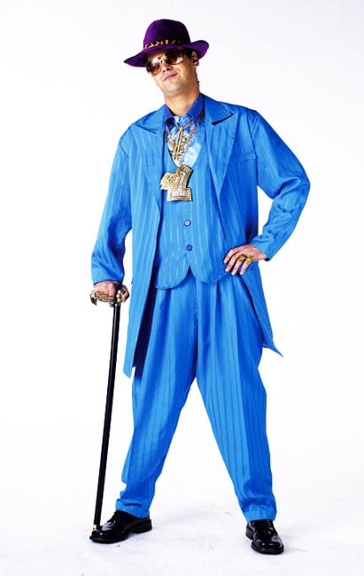 Déguisement de Big Daddy pour homme bleu avec chapeau violet et accessoires dorés