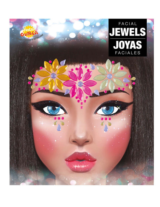 Détail du positionnement des bijoux pour visage adhésifs fleurs colorées