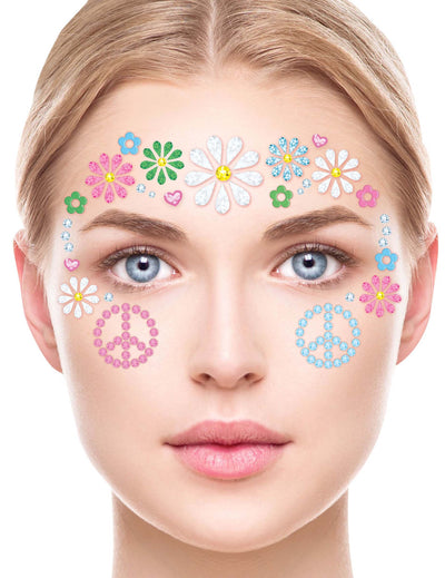 Bijoux pour visage adhésifs fleurs hippies pour femme multicolores avec symboles peace and love