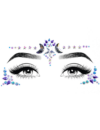Détail du positionnement sur le visage des bijoux pour visage adhésifs lunaire