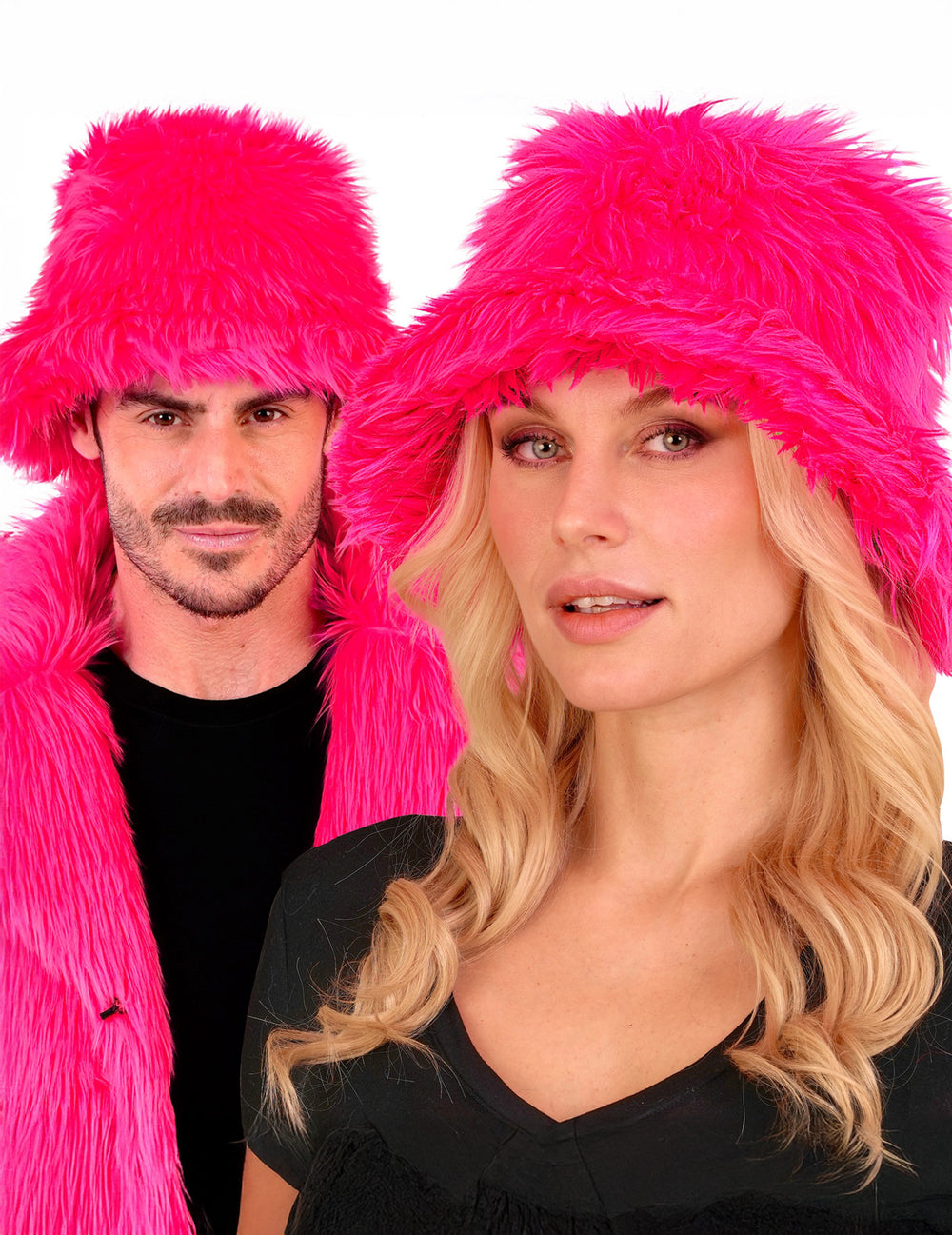 Modèles homme et femme du bob en poils pour adulte rose fluo