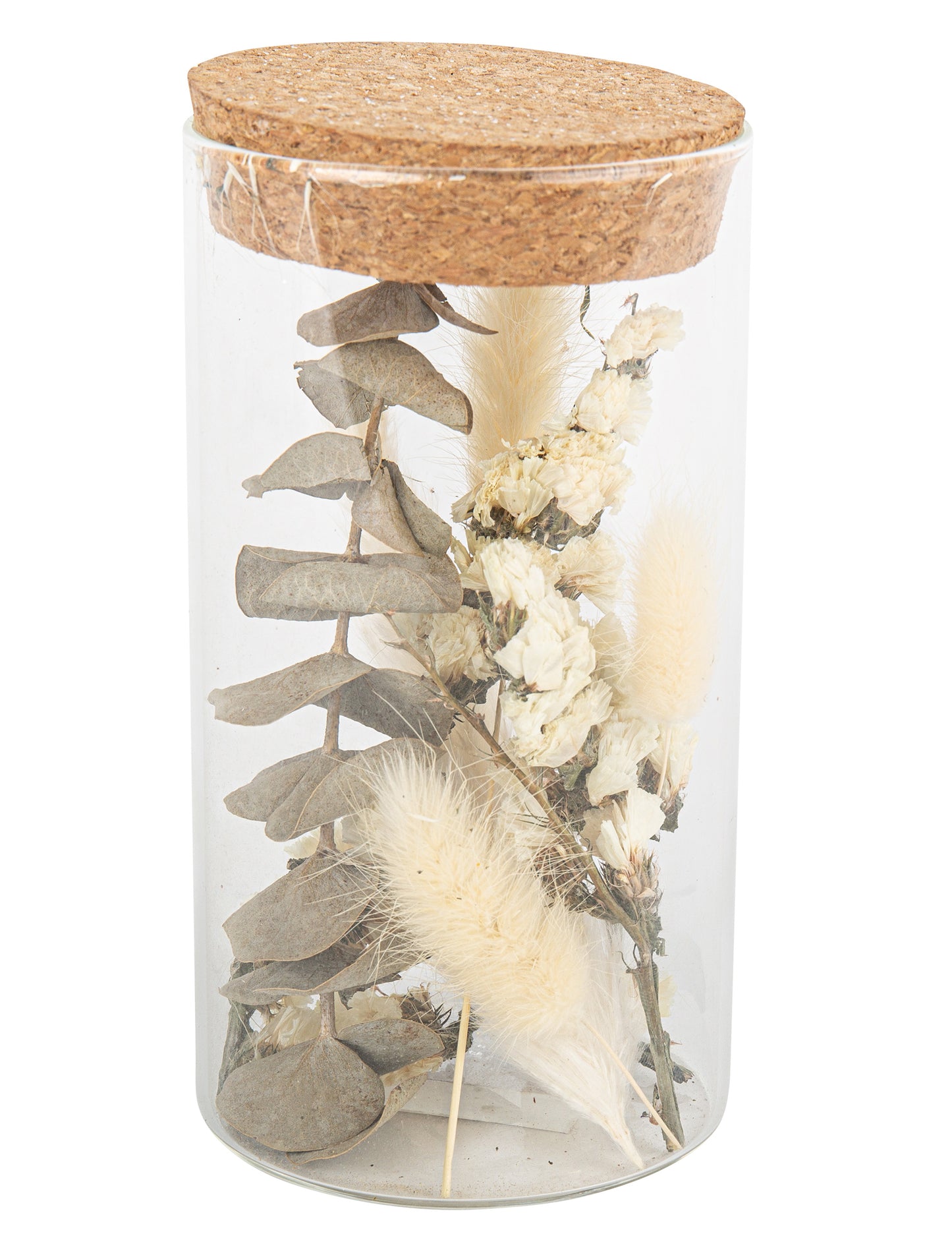 Skleněná dóza se sušenými květy 15.5 cm a bavlna