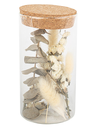 Skleněná dóza se sušenými květy 15.5 cm a bavlna