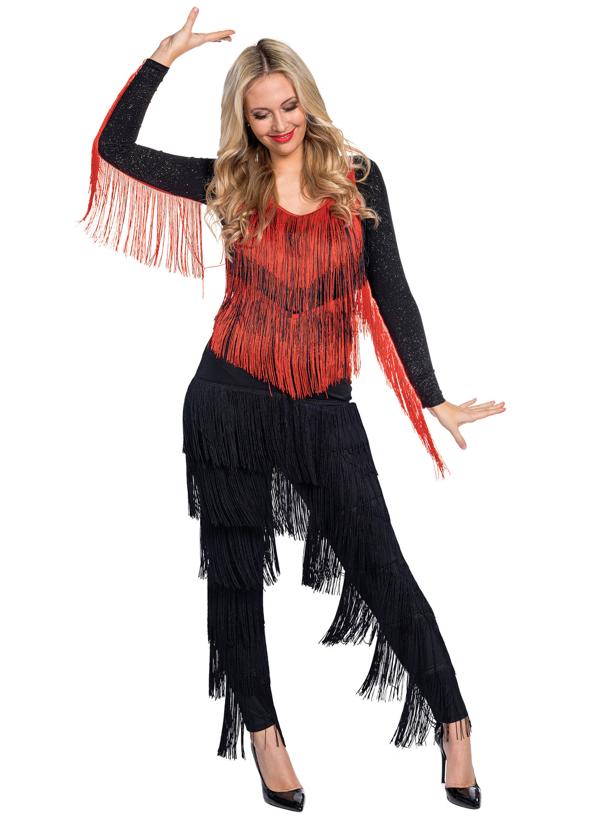 Body Charleston pour femme rouge et noir à franges