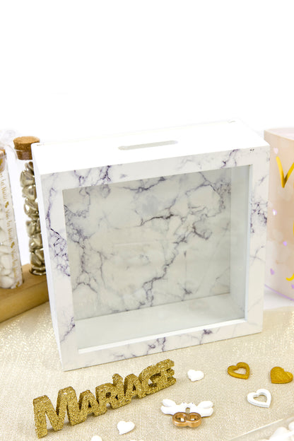 Dřevěná schránka na vzkazy s bílým mramorovým efektem 18 x 7 cm na svatbu