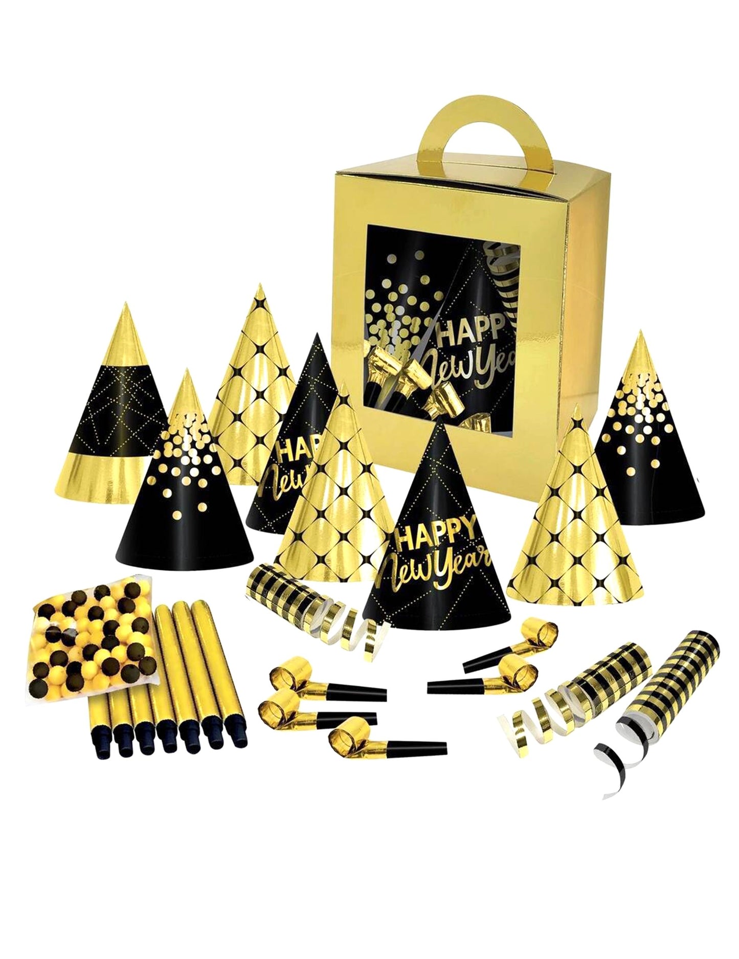 Krabička s party doplňky na Nový rok pro 10 osob v černé a zlaté barvě 