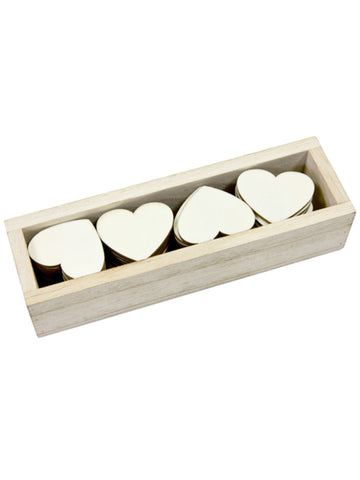 Krabička 48 dřevěných srdíček cm
