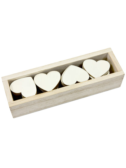Krabice 48 dřevěných srdíček 4 cm na svatbu