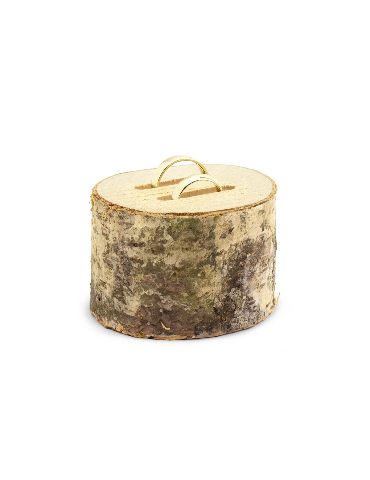Mise en situation avec alliances de la boîte pour alliances rondin en bois mariage rustique