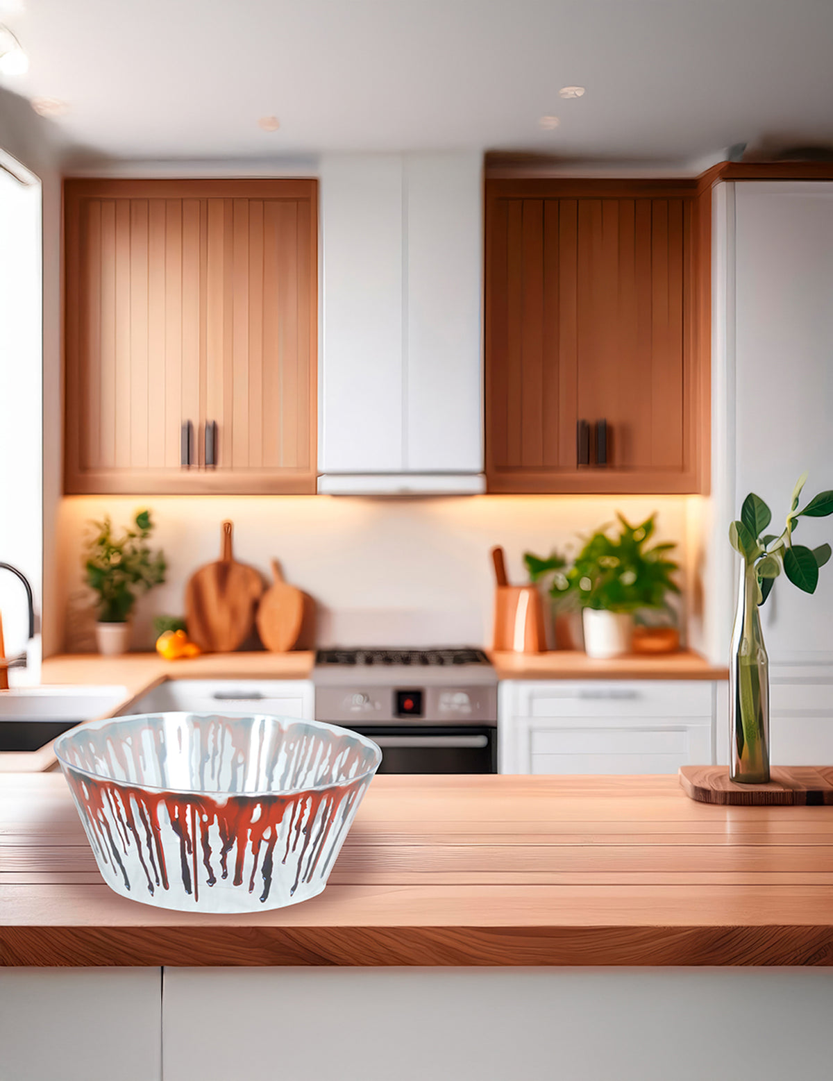 Mise en scène dans une cuisine du bol en plastique sanglant pour Halloween