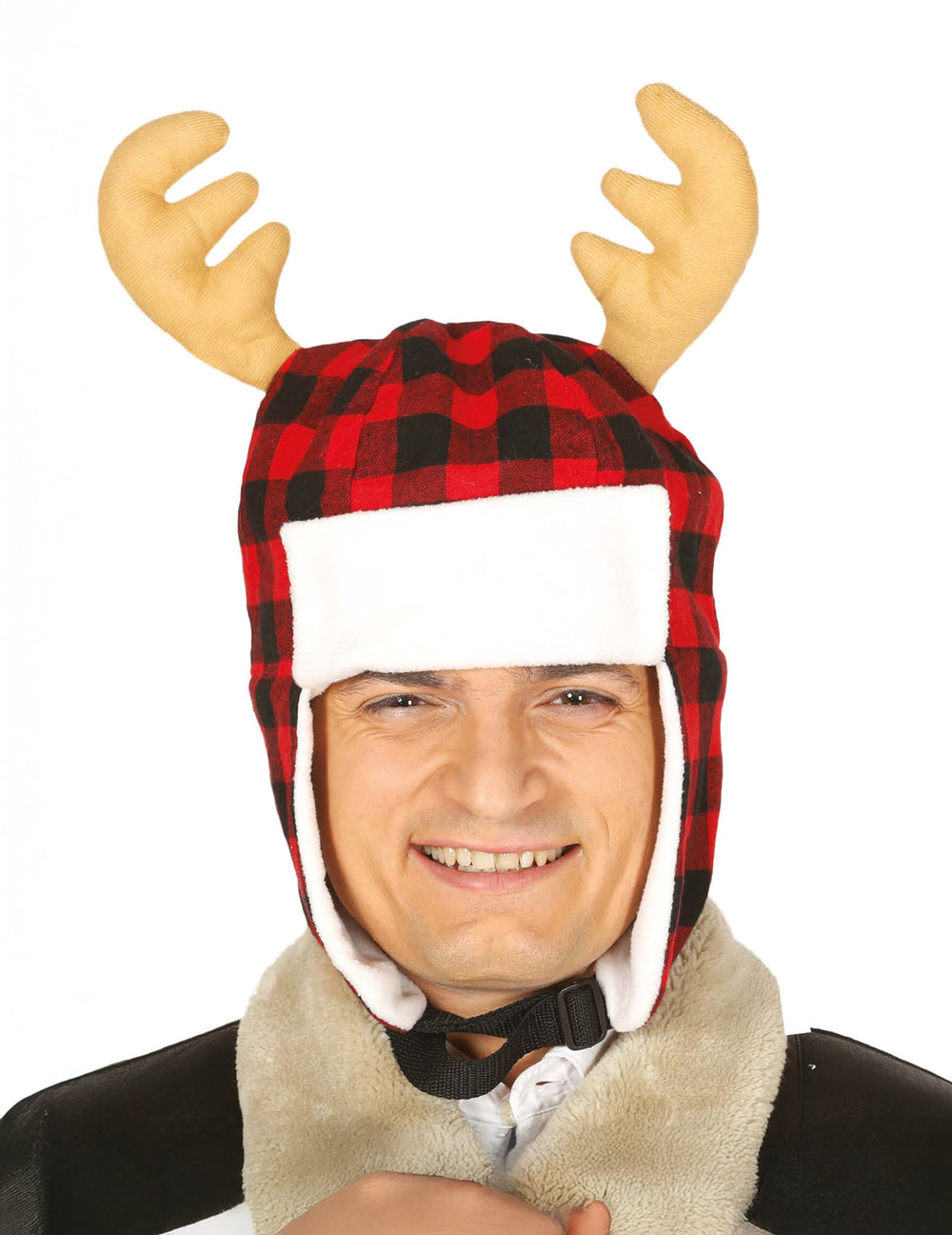 Bonnet à carreaux avec bois de renne pour adulte rouge et noir avec fourrure blanche