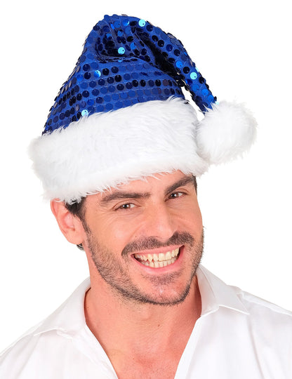 Modrá flitrovaná vánoční čepice pro dospělé