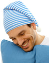 Bonnet bleu et blanc avec pompon pour adulte à rayures