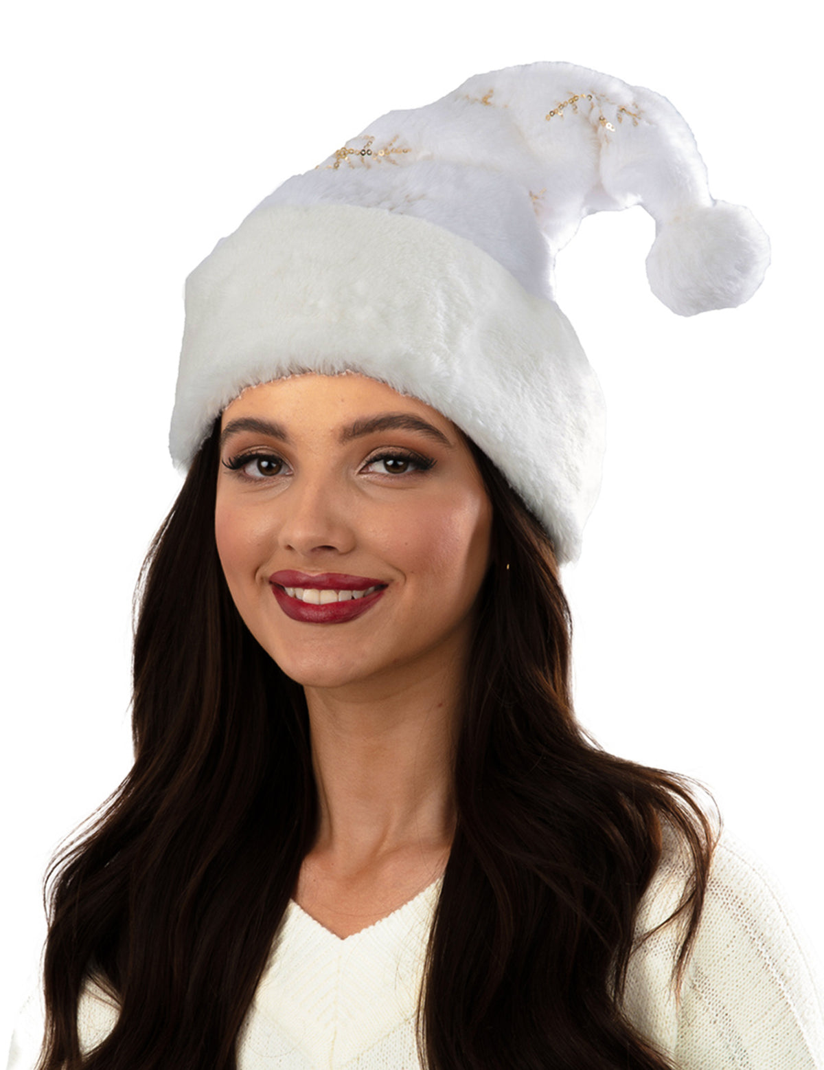 Bonnet de Noël à flocons luxe pour adulte blanc avec détails dorés