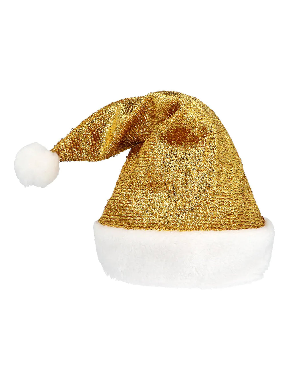 Détail de la texture brillante du bonnet de Noël doré pour adulte