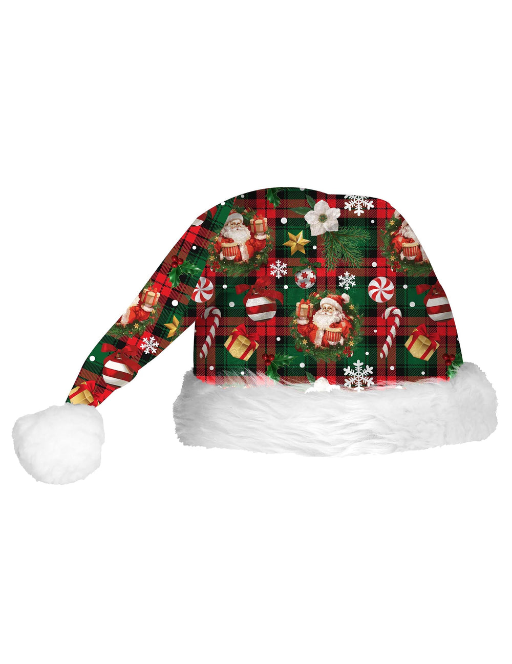 Vue de profil du bonnet de Noël tartan à motifs