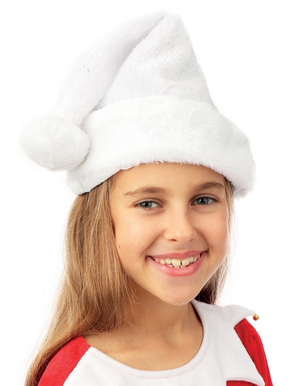 Gros plan du bonnet de Père Noël pour enfant blanc et argent