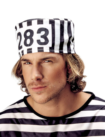 Bonnet de prisonnier à rayures pour adulte noir et blanc avec numéro de matricule