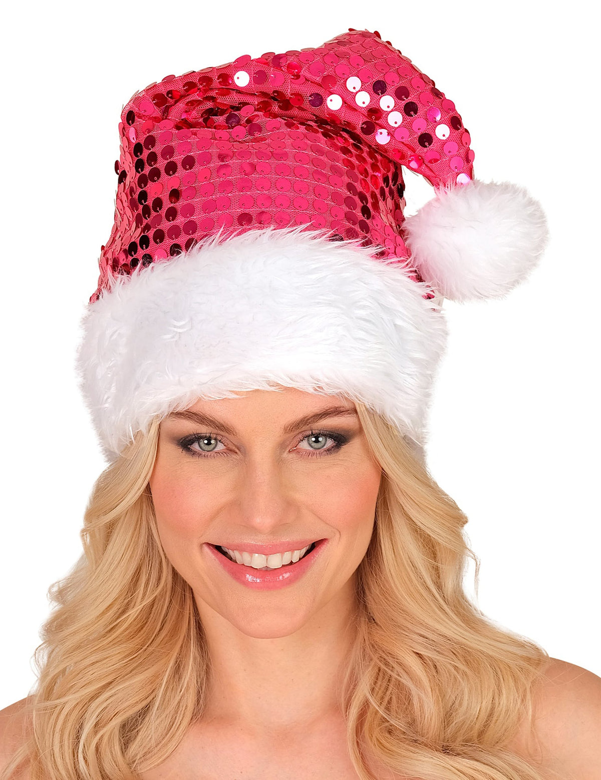 Bonnet à sequins de Noël pour adulte rose avec bordure en fourrure blanche