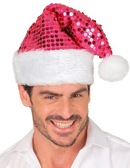 Růžová flitrovaná vánoční čepice pro dospělé