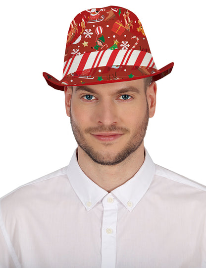 Vue de face du Borsalino à motifs de Noël pour adulte