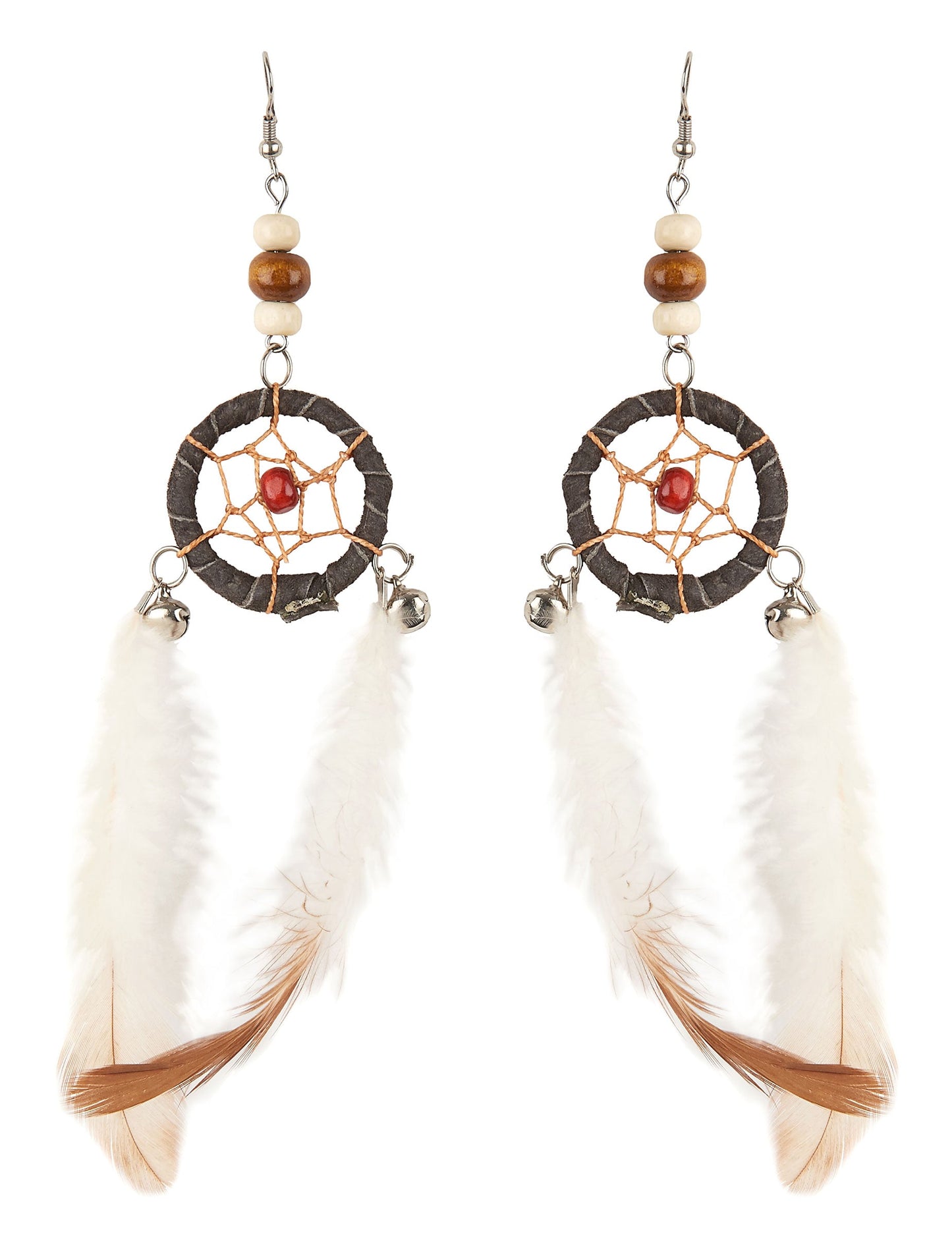 Boucles d'oreilles attrape-rêves pour adulte avec plumes blanches et marron
