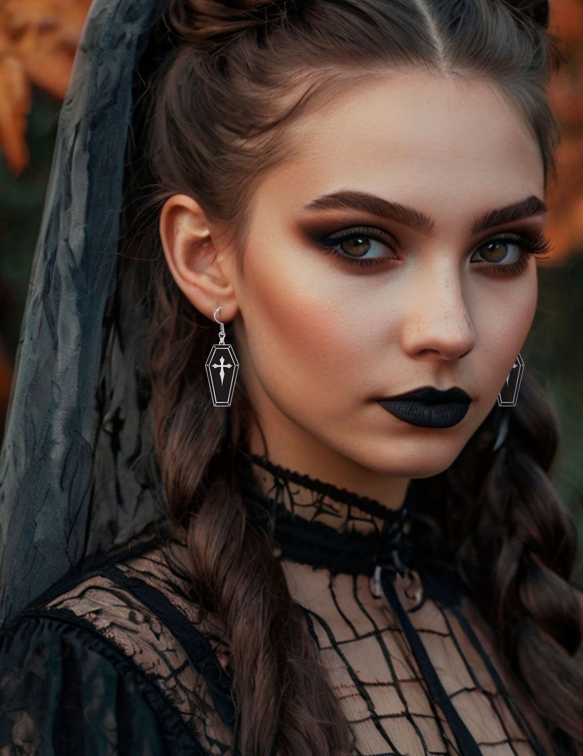Boucles d'oreilles cercueil pour adulte noires et blanches avec croix
