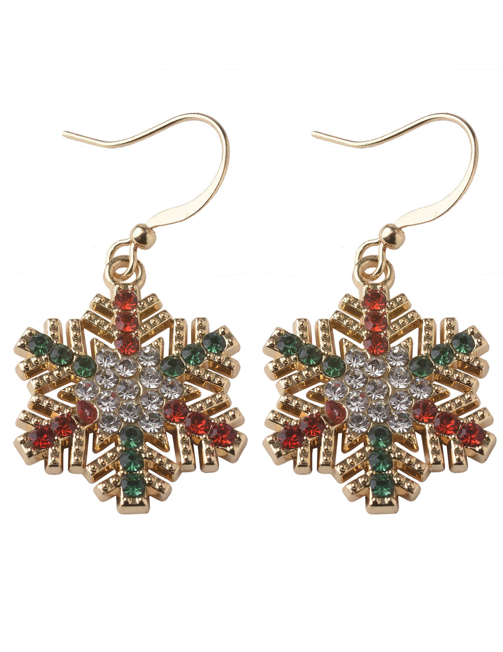Boucles d'oreilles flocons de Noël à strass pour femme dorées avec strass rouges et verts