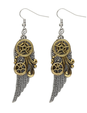 Steampunk náušnice s ozubenými koly a peřím pro dospělé