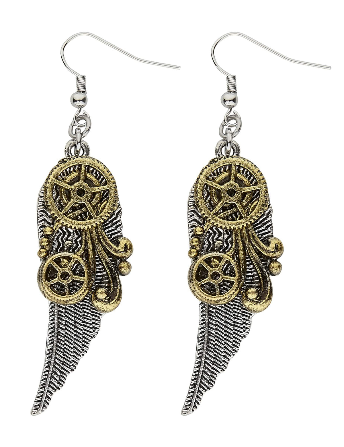 Náušnice s ozubenými koly a peřím steampunk pro dospělý stříbrné a zlaté