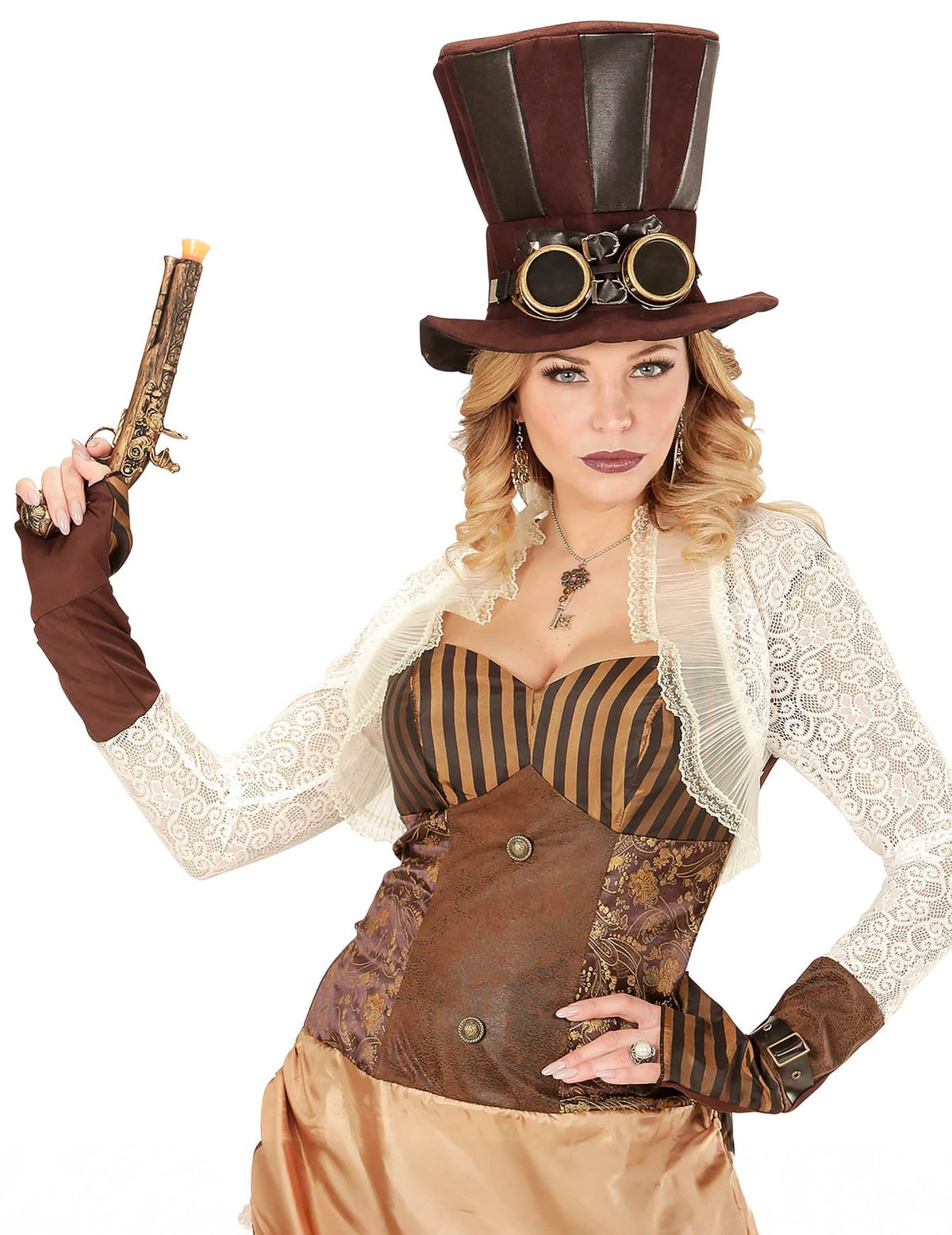 Pohled na nošené steampunk náušnice s ozubenými koly a peřím pro dospělý