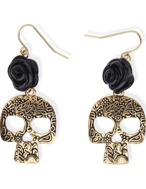 Boucles d'oreilles squelette pour adulte doré et noir avec rose